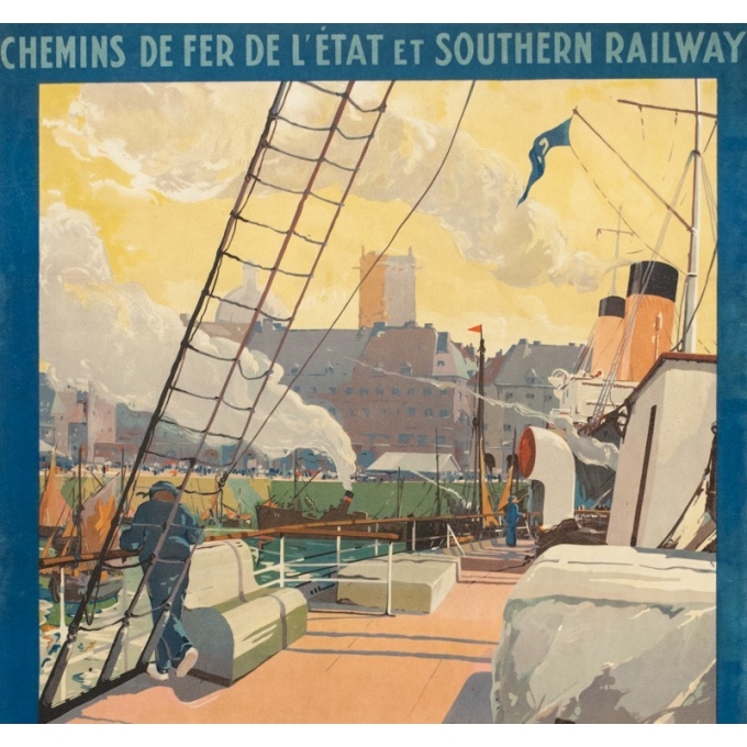 Affiche ancienne de voyage - Guy Marchand  - Circa 1920  - Le Port de Dieppe - 120 par 73 cm - 2