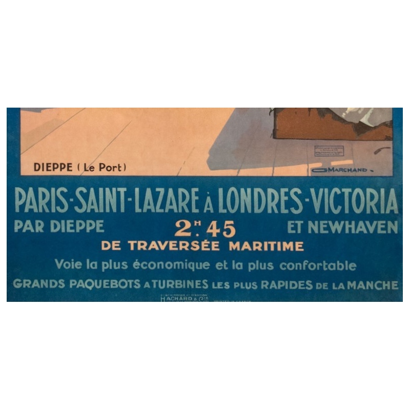 Affiche ancienne de voyage - Guy Marchand  - Circa 1920  - Le Port de Dieppe - 120 par 73 cm - 3
