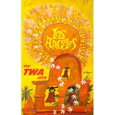 Affiche ancienne de voyage - David Klein - Circa 1965 - TWA Los Angeles Californie USA - 101 par 63.5 cm
