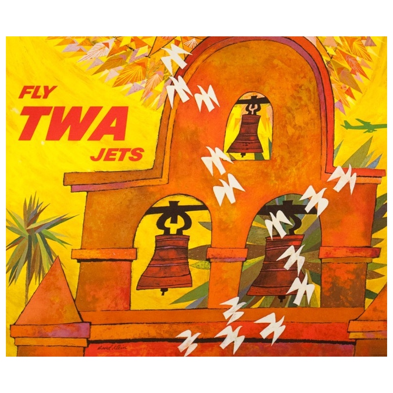 Affiche ancienne de voyage - David Klein - Circa 1965 - TWA Los Angeles Californie USA - 101 par 63.5 cm - 3