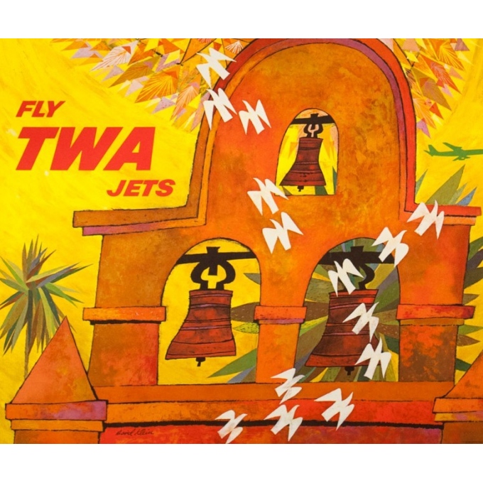 Affiche ancienne de voyage - David Klein - Circa 1965 - TWA Los Angeles Californie USA - 101 par 63.5 cm - 3