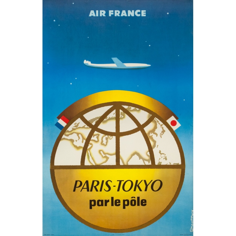 Vintage travel poster - Excoffon - 1958 - Air France Paris Tokyo Japon - 39.4 by 24.8 inches