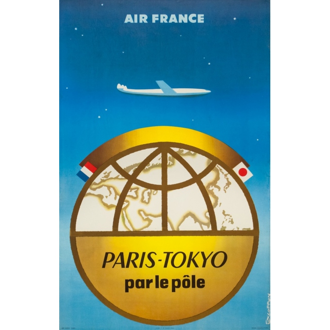 Affiche ancienne de voyage - Excoffon - 1958 - Air France Paris Tokyo Japon - 100 par 63 cm