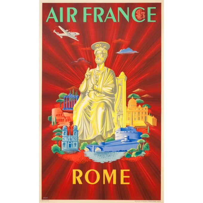 Affiche ancienne de voyage - Plaquet - 1949 - Air France Rome Roma italie Italia - 99 par 60 cm