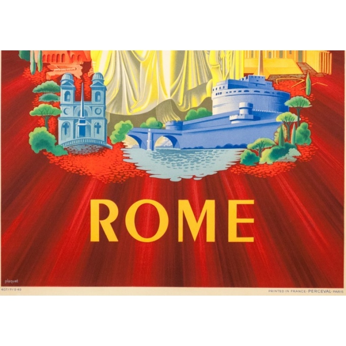 Affiche ancienne de voyage - Plaquet - 1949 - Air France Rome Roma italie Italia - 99 par 60 cm - 3