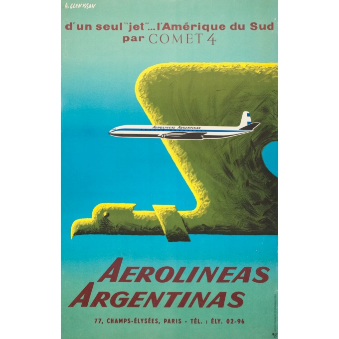 Affiche ancienne de voyage - Glenisson - Circa 1955 - Aerolinas Argentinas Argentine - 99.5 par 64 cm