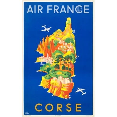 Affiche ancienne de voyage - Lucien Boucher - 1949 - Air France Corse Corsica - 100 par 60 cm
