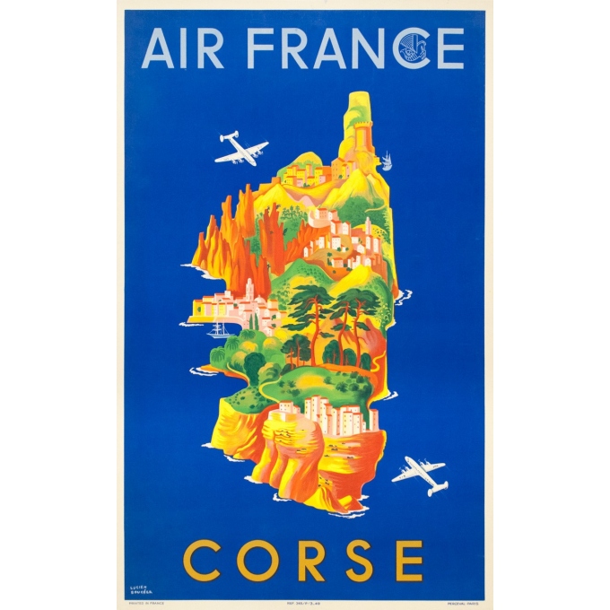 Vintage travel poster - Lucien Boucher - 1949 - Air France Corse Corsica - 39.4 by 23.6 inches