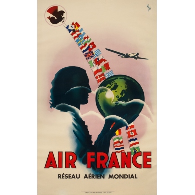 Affiche ancienne de voyage - Vinci - 1937 - Air France Réseau aérien mondial - 99.5 par 60 cm