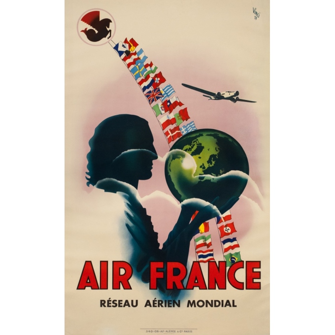 Affiche ancienne de voyage - Vinci - 1937 - Air France Réseau aérien mondial - 99.5 par 60 cm