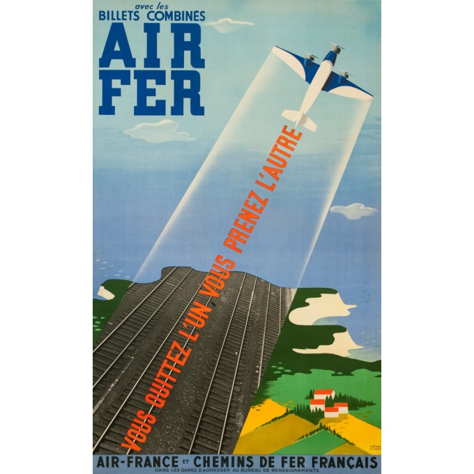 Affiche ancienne de voyage - Roland Hugon - 1938 - Air France Air Fer - 100 par 61 cm