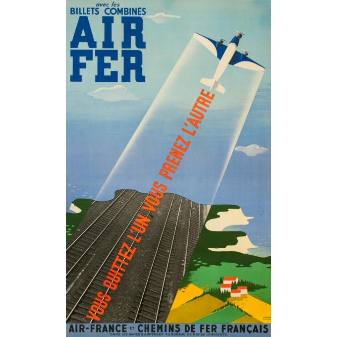Vintage travel poster - Roland Hugon - 1938 - Air France Air Fer - 39.4 by 24 inches