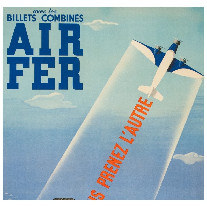 Affiche ancienne de voyage - Roland Hugon - 1938 - Air France Air Fer - 100 par 61 cm - 2