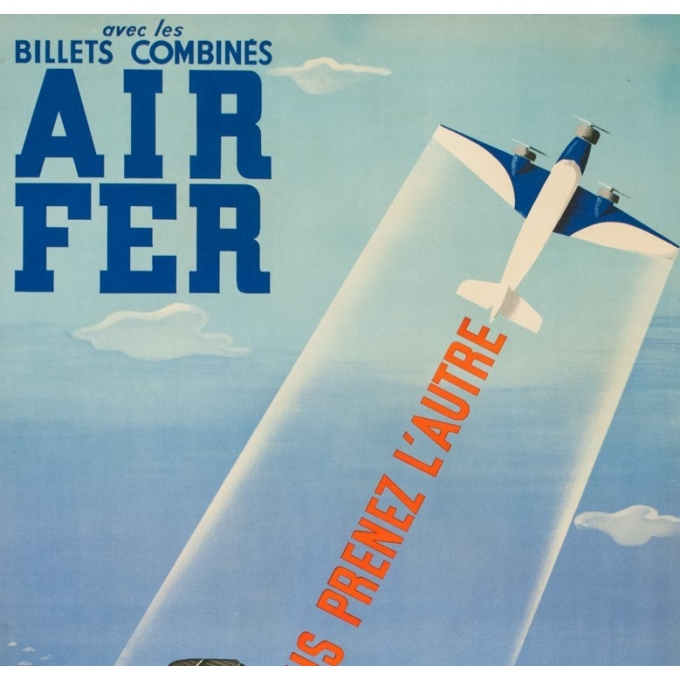 Affiche ancienne de voyage - Roland Hugon - 1938 - Air France Air Fer - 100 par 61 cm - 2