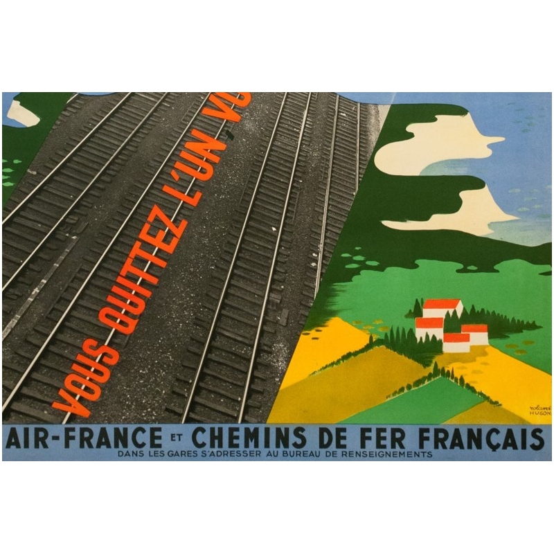 Affiche ancienne de voyage - Roland Hugon - 1938 - Air France Air Fer - 100 par 61 cm - 3