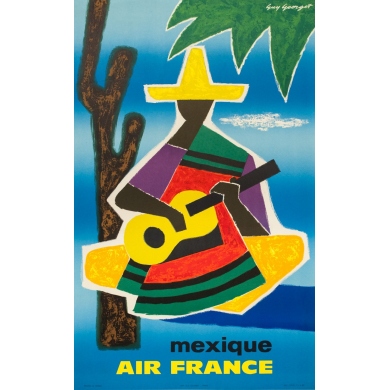 Affiche ancienne de voyage - Guy Georget - 1962 - Air France Mexique Mexico - 99 par 61 cm