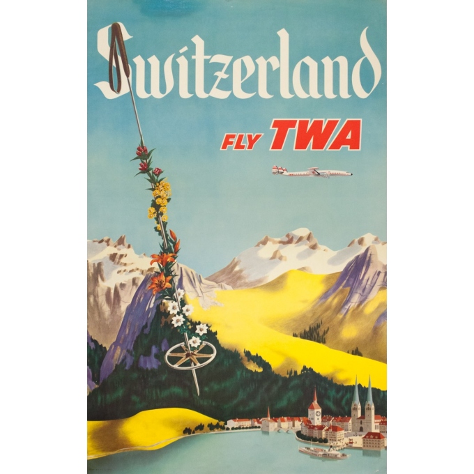 Affiche ancienne de voyage - Anonyme - Circa 1950 - TWA Suisse Switzerland - 101 par 64 cm