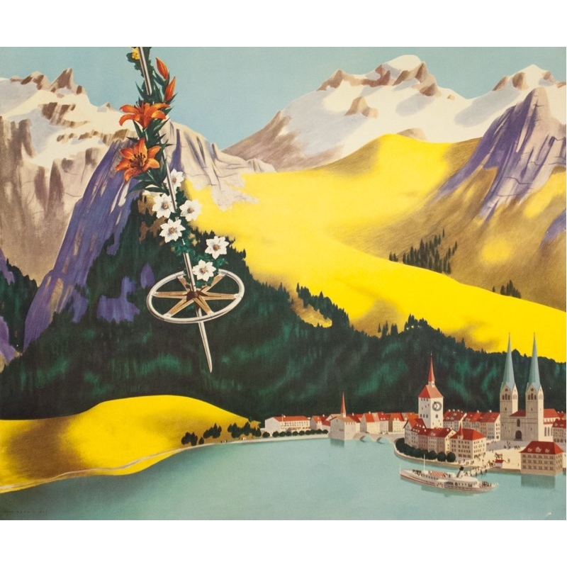 Valais  Vintage 1950 Mid Century Modern Lithograph Print Framed Swiss  Travel Poster
