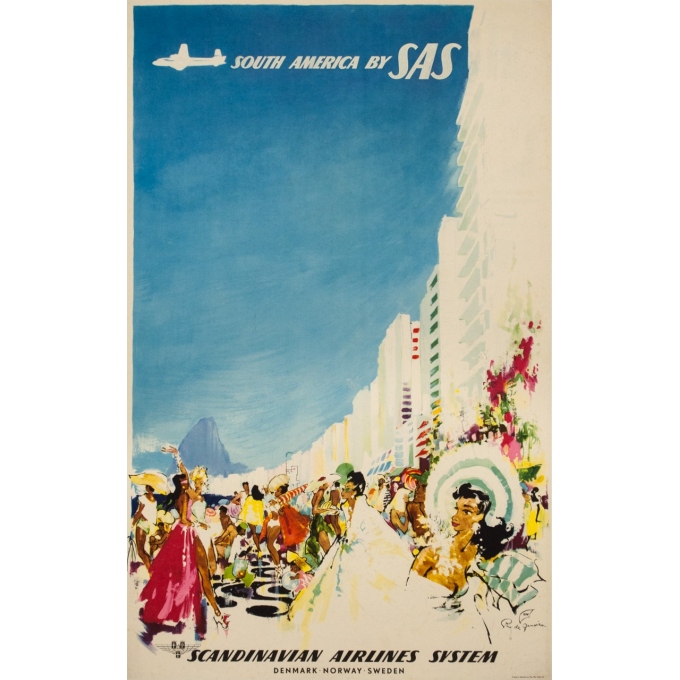 Vintage travel poster - Don - Circa 1960 - SAS Scandinavian Airline Rio Brésil Brazil - 39 by 24.4 inches