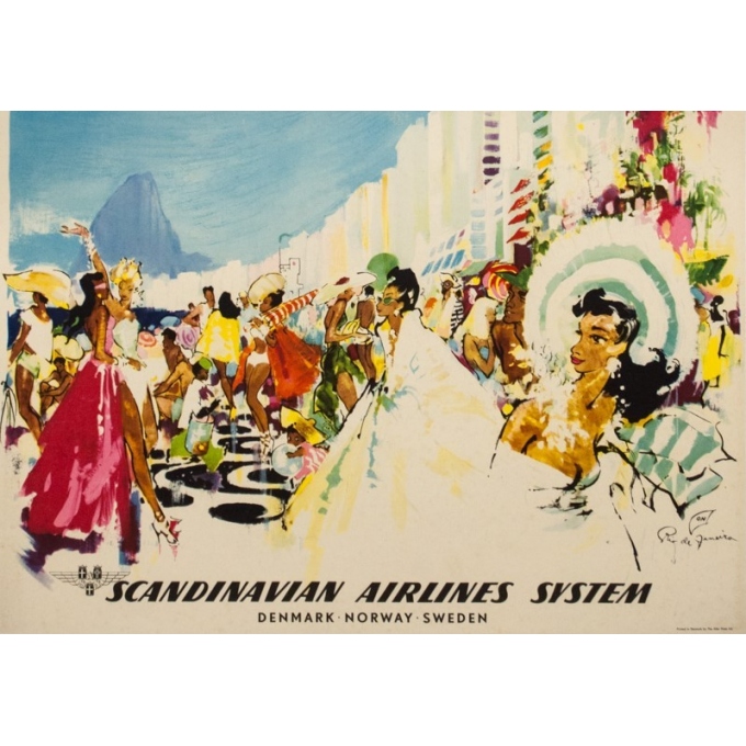 Vintage travel poster - Don - Circa 1960 - SAS Scandinavian Airline Rio Brésil Brazil - 39 by 24.4 inches - 3