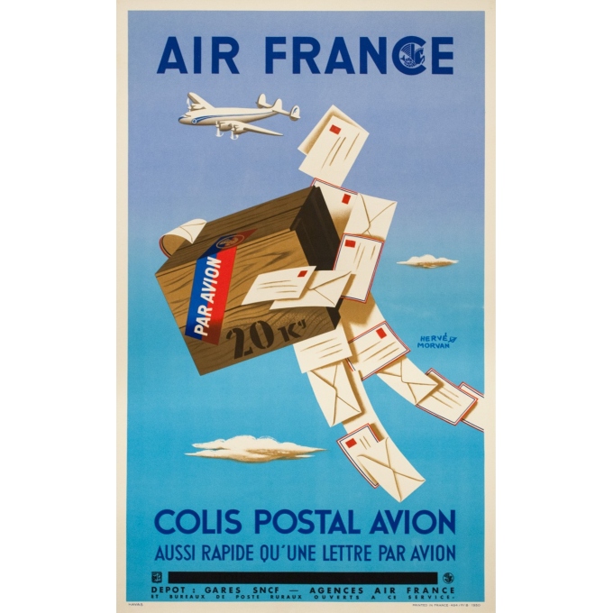 Affiche ancienne de voyage - Hervé Morvan - 1950 - Air France Colis Postal - 100 par 60 cm