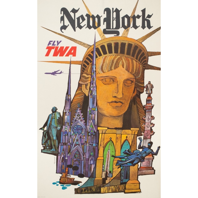 Affiche ancienne de voyage - David Klein - Circa 1970 - TWA New York NYC USA - 101 par 63.5 cm