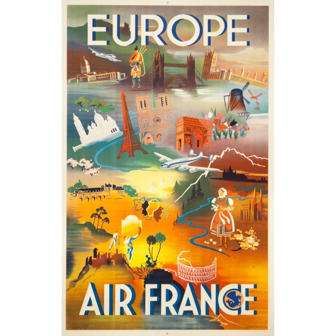 Affiche ancienne de voyage - Falcucci - 1949 - Air France Europe - 100 par 63 cm