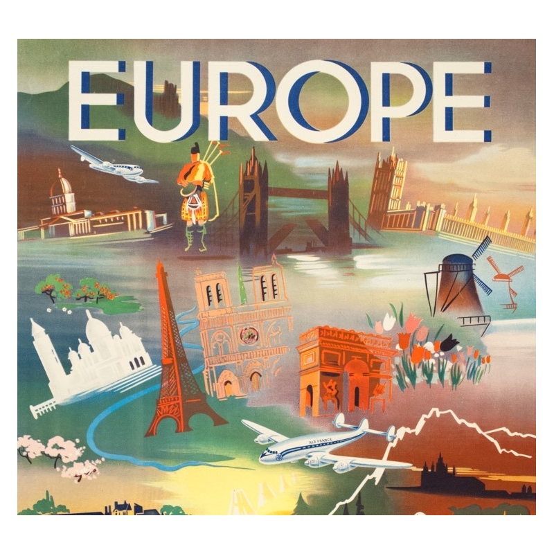 Affiche ancienne de voyage - Falcucci - 1949 - Air France Europe - 100 par 63 cm - 2
