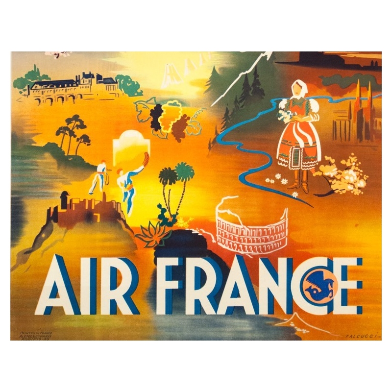 Affiche ancienne de voyage - Falcucci - 1949 - Air France Europe - 100 par 63 cm - 3
