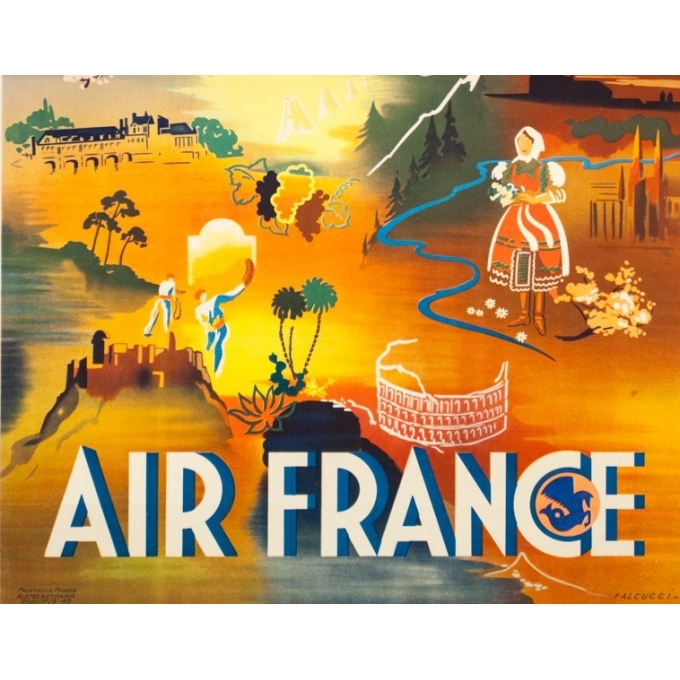 Affiche ancienne de voyage - Falcucci - 1949 - Air France Europe - 100 par 63 cm - 3