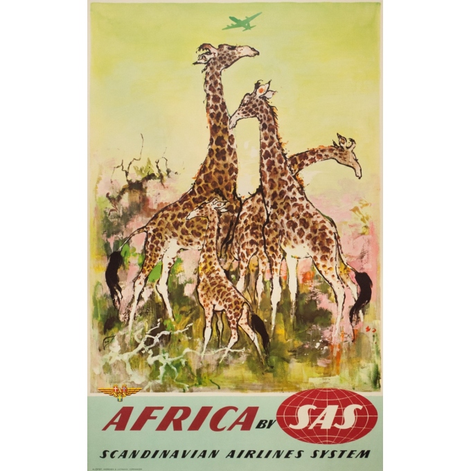 Affiche ancienne de voyage - Don - Circa 1960 - SAS Africa Afrique Girafes - 100 par 63 cm