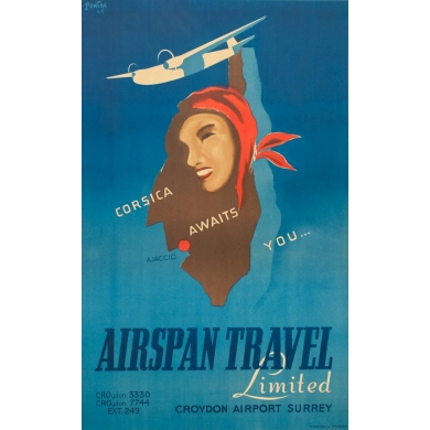 Vintage travel poster - Pontac - 1949 - Airspan Travel Corse Corsica - 38.8 by 24.2 inches