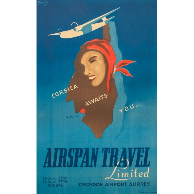 Affiche ancienne de voyage - Pontac - 1949 - Airspan Travel Corse Corsica - 98.5 par 61.5 cm