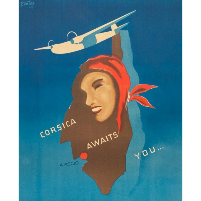 Affiche ancienne de voyage - Pontac - 1949 - Airspan Travel Corse Corsica - 98.5 par 61.5 cm - 2