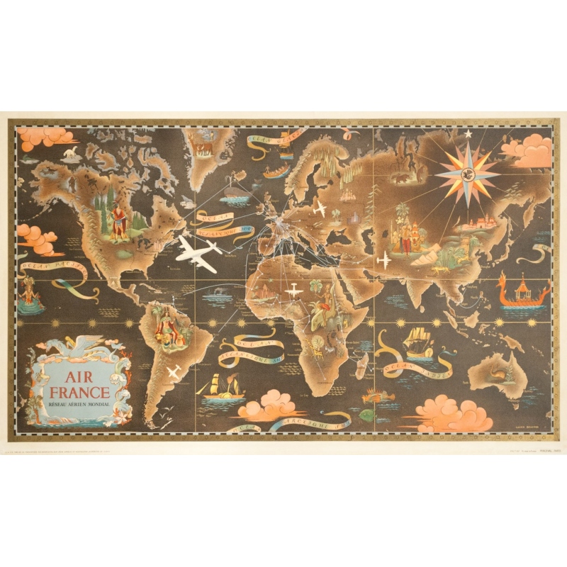 Vintage travel poster - Lucien Boucher - Circa 1940 - Air France Réseau Aérien Mondial Planisphère - 36.4 by 22.2 inches
