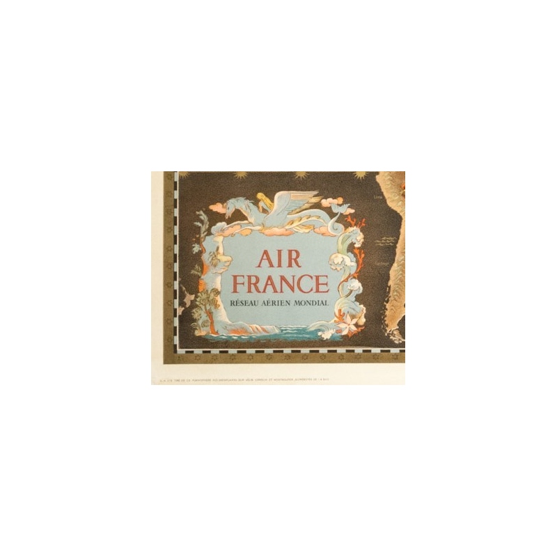 Vintage travel poster - Lucien Boucher - Circa 1940 - Air France Réseau Aérien Mondial Planisphère - 36.4 by 22.2 inches - 2