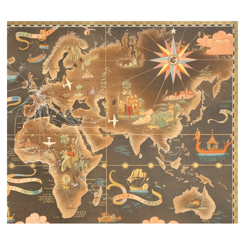 Vintage travel poster - Lucien Boucher - Circa 1940 - Air France Réseau Aérien Mondial Planisphère - 36.4 by 22.2 inches - 3
