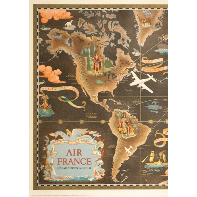 Vintage travel poster - Lucien Boucher - Circa 1940 - Air France Réseau Aérien Mondial Planisphère - 36.4 by 22.2 inches - 4