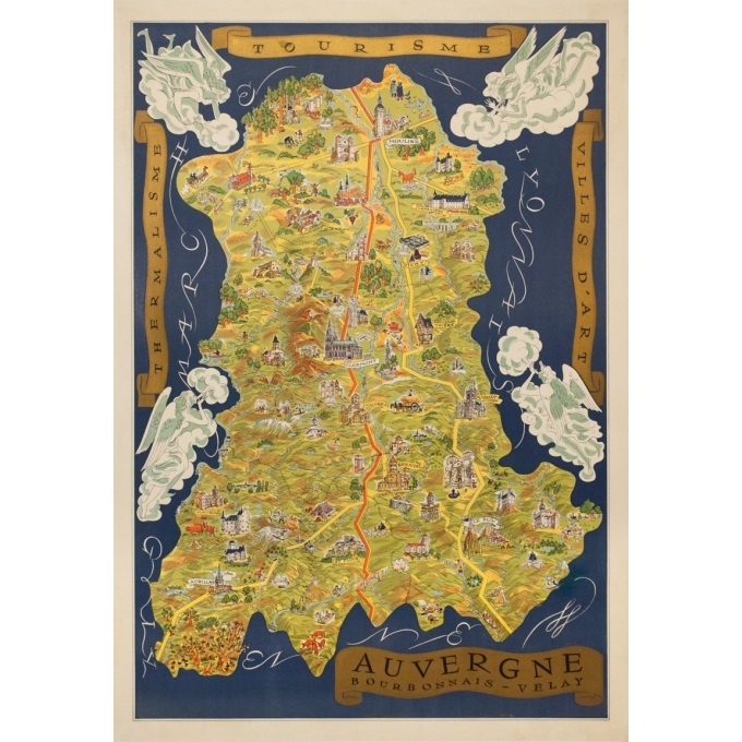 Affiche ancienne de voyage - Fernand Dantan - Circa 1950 - Auvergne Carte Illustrée - 95 par 66.5 cm