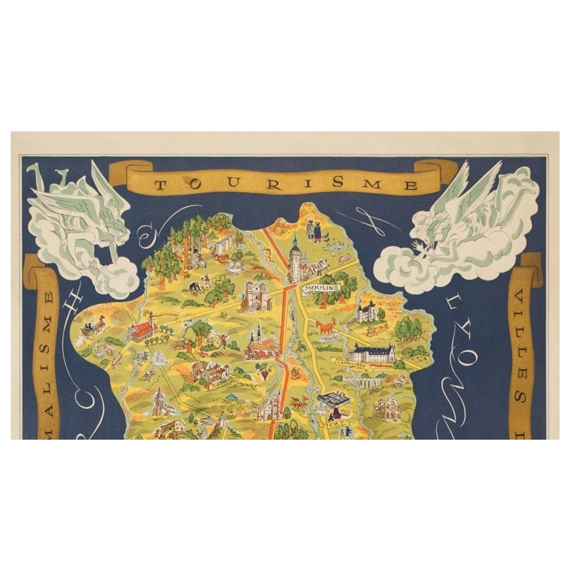 Vintage travel poster - Fernand Dantan - Circa 1950 - Auvergne Carte Illustrée - 37.4 by 26.2 inches - 2