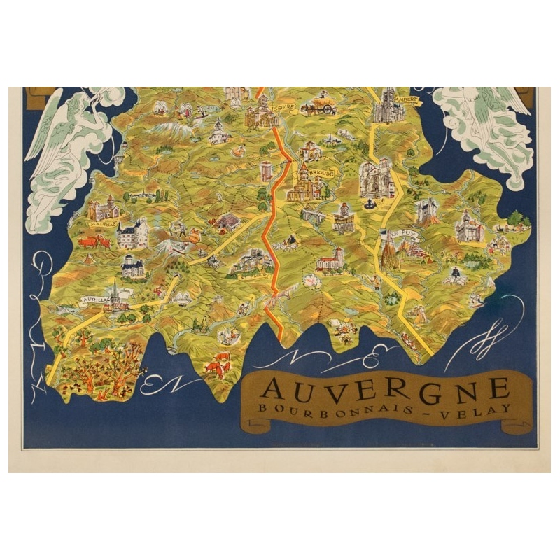 Vintage travel poster - Fernand Dantan - Circa 1950 - Auvergne Carte Illustrée - 37.4 by 26.2 inches - 4