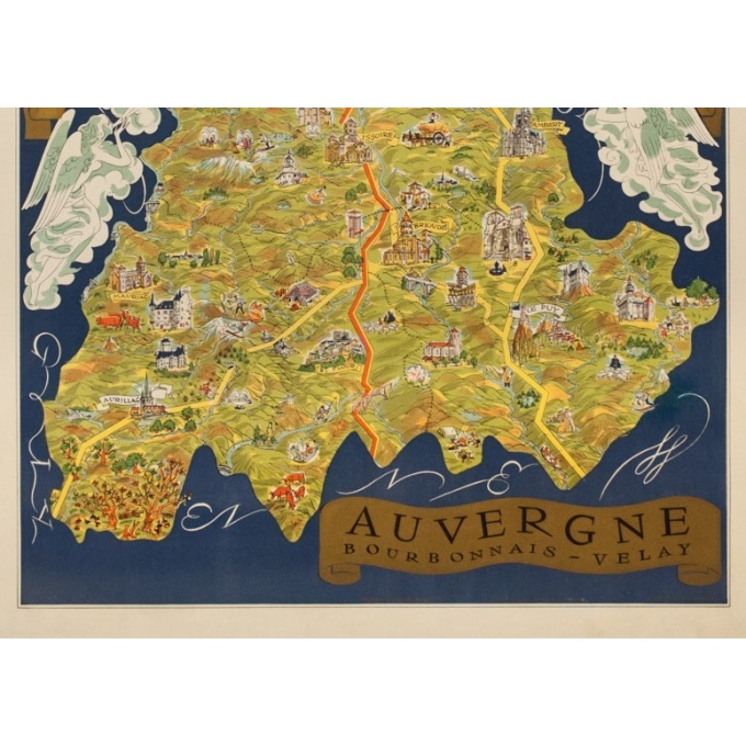 Vintage travel poster - Fernand Dantan - Circa 1950 - Auvergne Carte Illustrée - 37.4 by 26.2 inches - 4