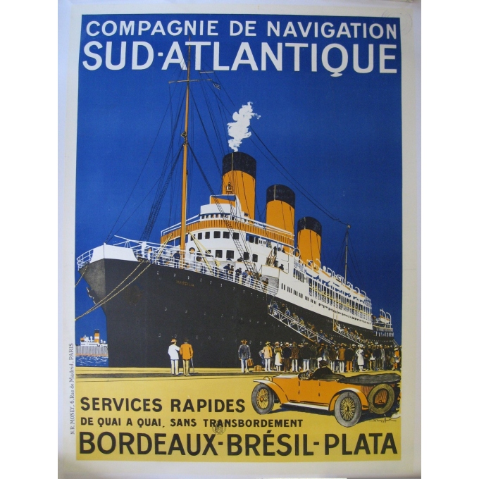 Affiche de la compagnie de navigation sud-atlantique, Services rapides, Bordeaux, Brésil, Plata. Elbé Paris.