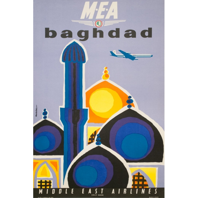 Vintage travel poster - Auriac - Circa 1960 - Baghdad Middle East Air Lines MEA - 31.5 by 20.9 inches