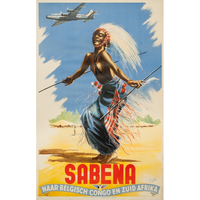 Affiche ancienne de voyage -  C./Pub - Circa 1950 - Sabena Naar Belgisch Congo En Zuid Afrika - 101 par 63 cm