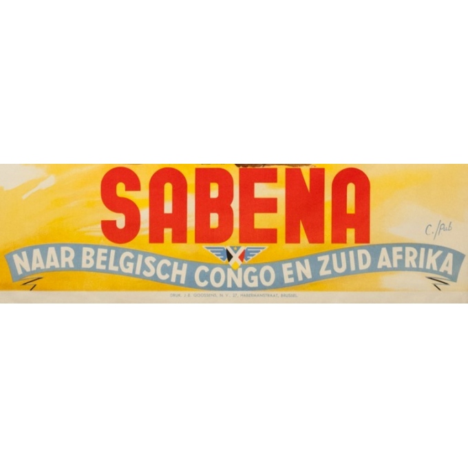 Affiche ancienne de voyage -  C./Pub - Circa 1950 - Sabena Naar Belgisch Congo En Zuid Afrika - 101 par 63 cm - 3