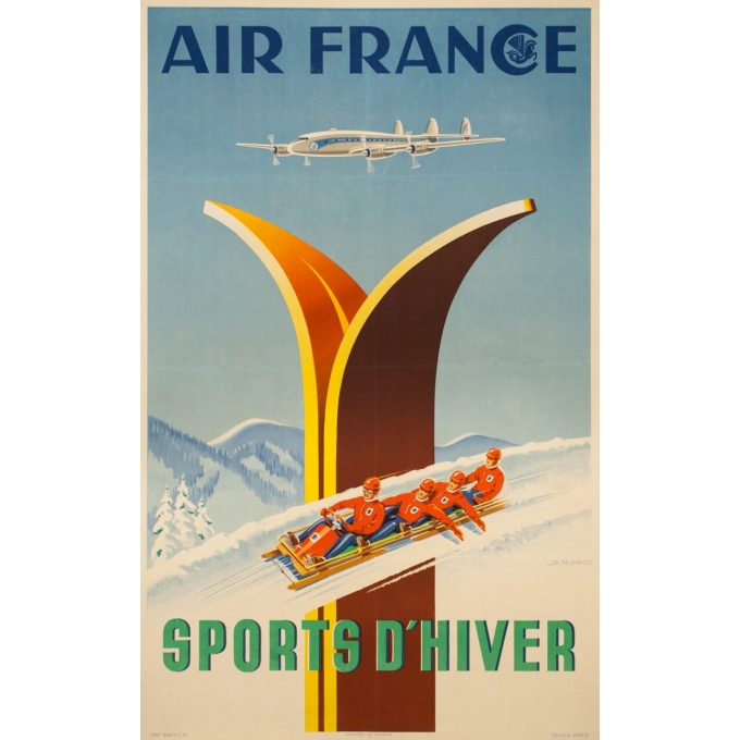 Affiche ancienne de voyage - A.Kow - 1951 - Air France Sports D'Hiver - 99 par 62 cm