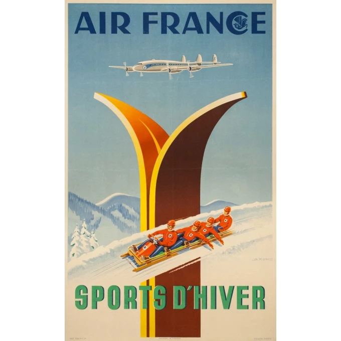 Vintage travel poster - A.Kow - 1951 - Air France Sports D'Hiver - 39 by 24.4 inches