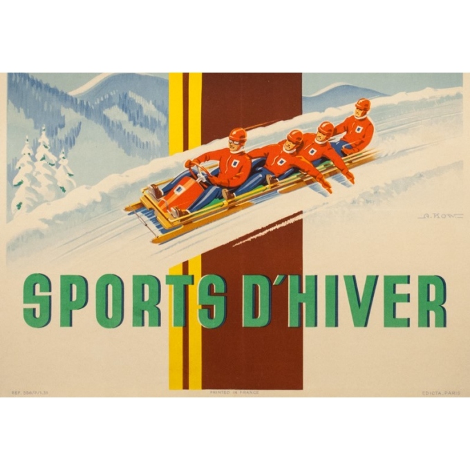 Affiche ancienne de voyage - A.Kow - 1951 - Air France Sports D'Hiver - 99 par 62 cm - 3