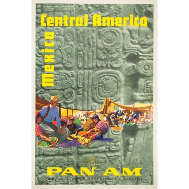 Affiche ancienne de voyage - Stenberry - 1959 - Mexico Central America Pan Am - 106.5 par 71 cm